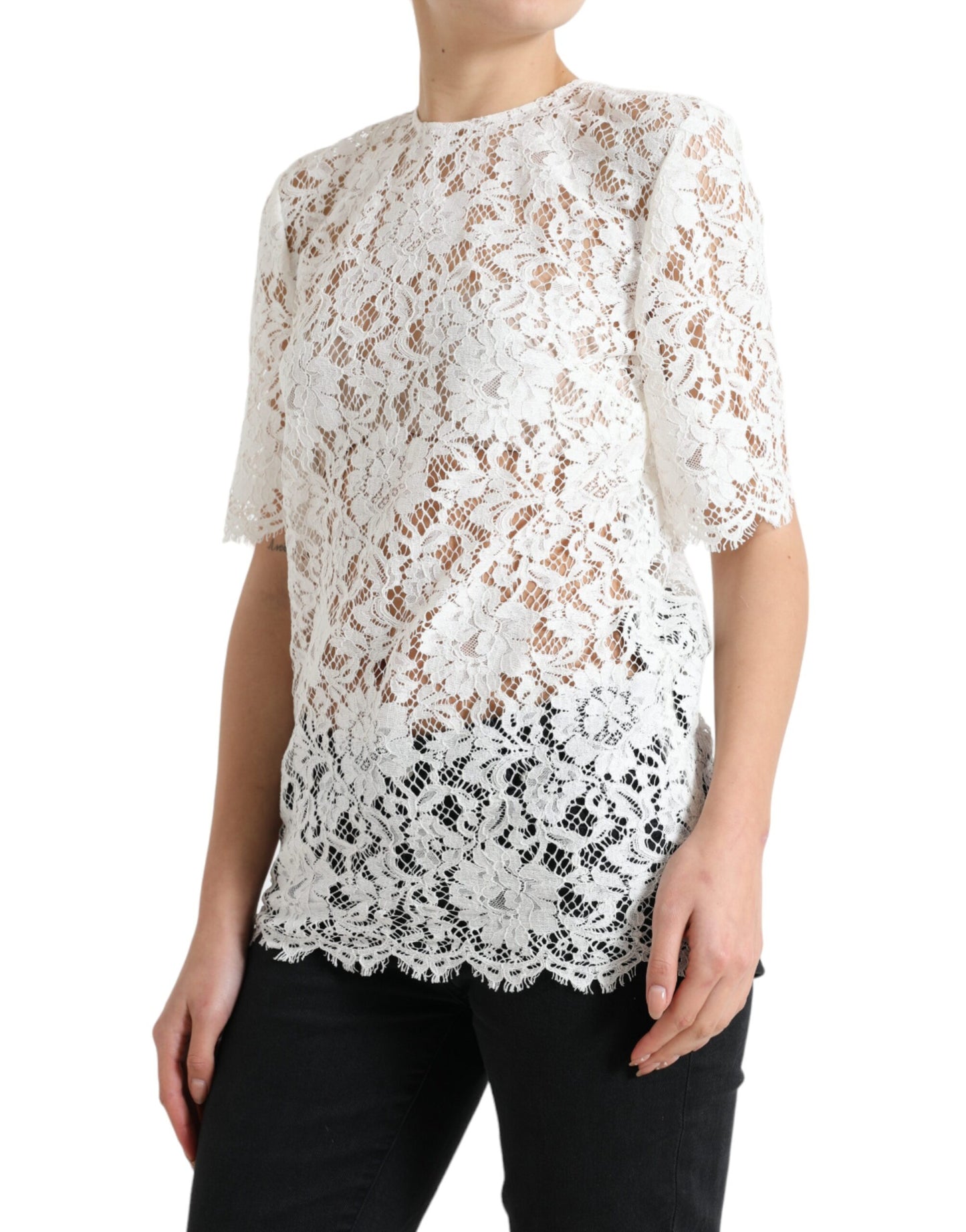 Dolce & Gabbana White Floral Lace Cotton Round Neck Blouse Top