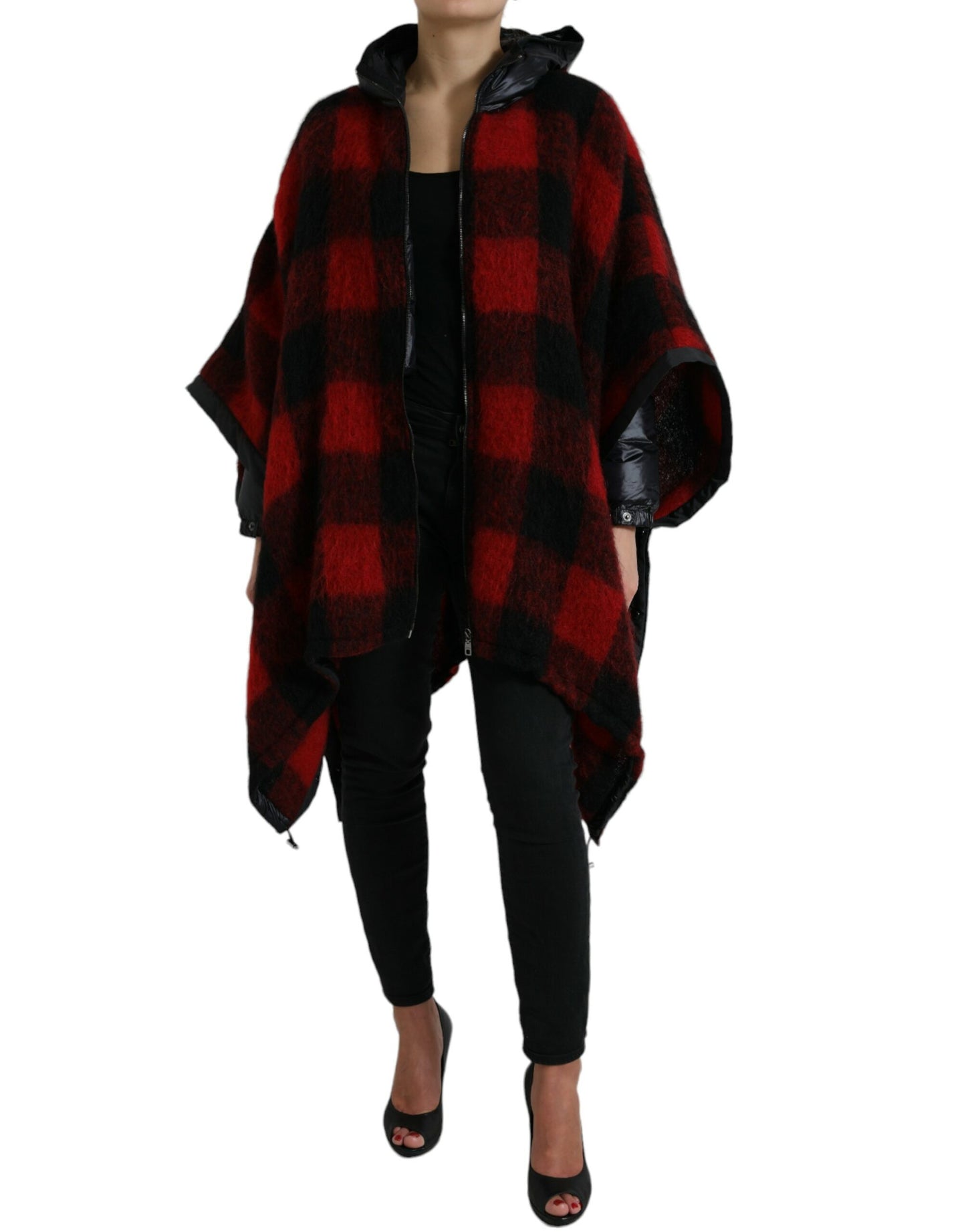 Dolce & Gabbana Black Red Buffalo Check Hooded Poncho Jacket