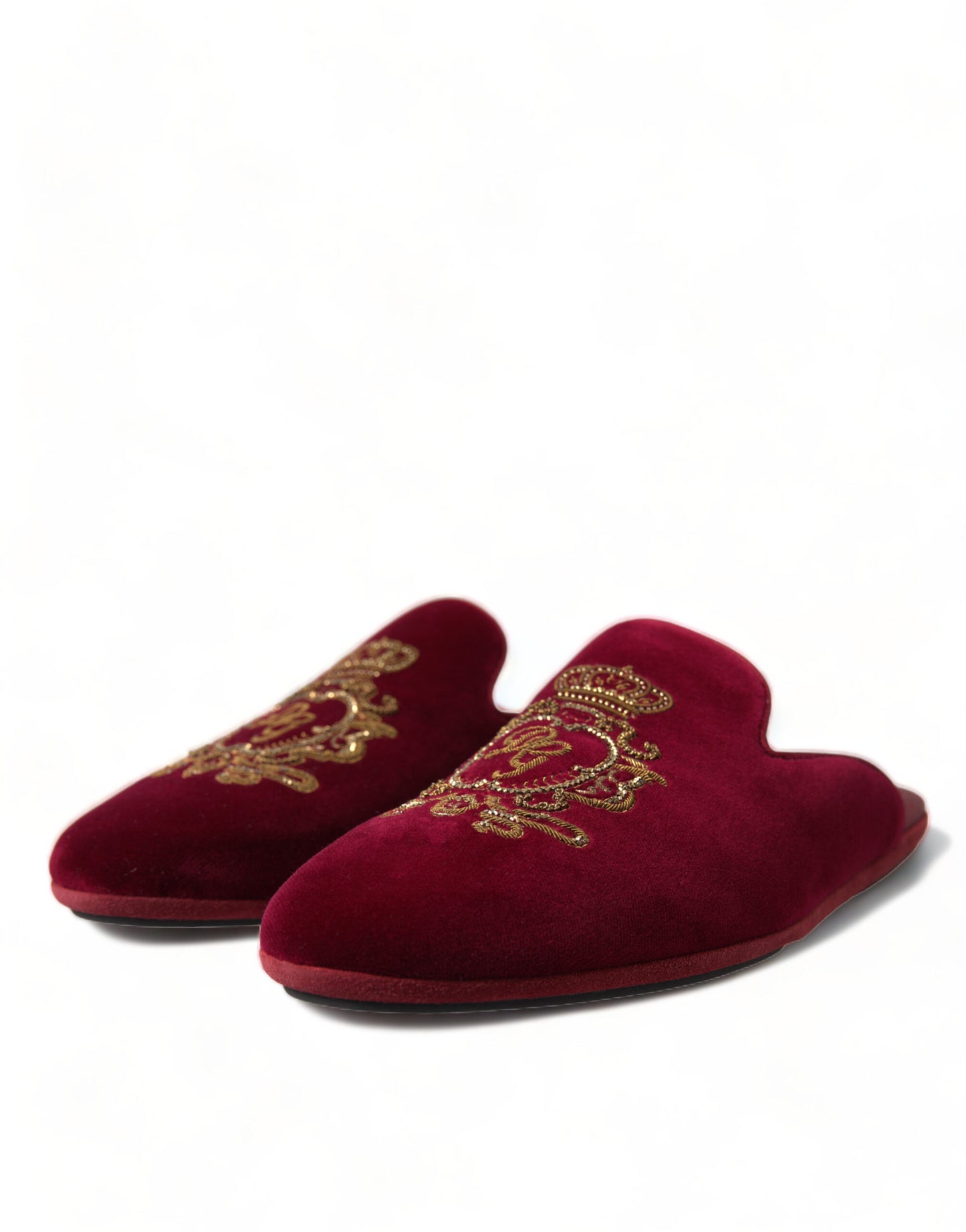 Dolce & Gabbana Bordeaux Velvet Gold Crown Embroidery Slides Shoes