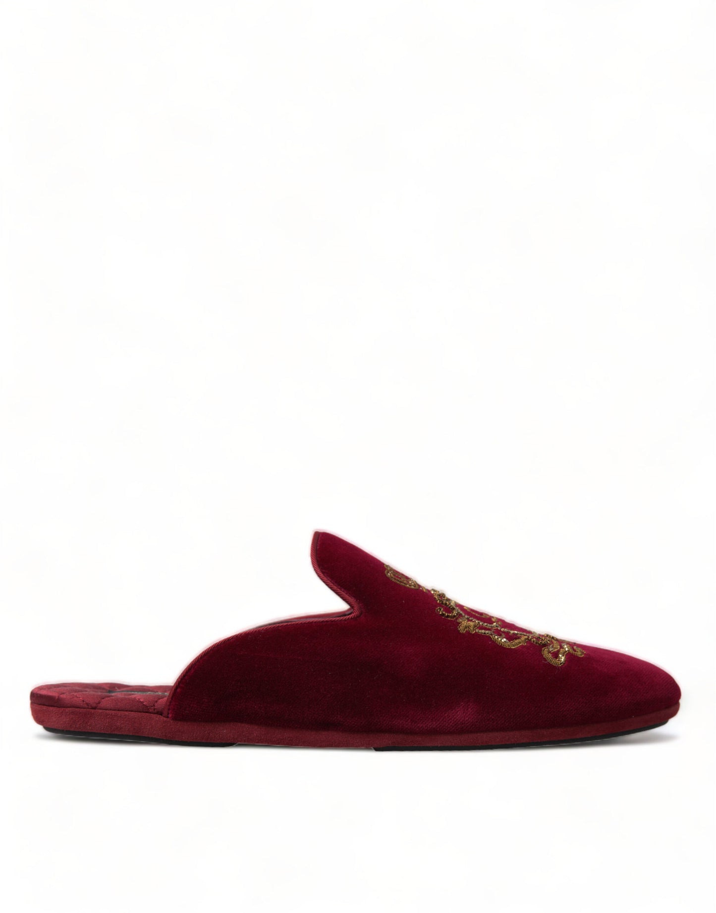 Dolce & Gabbana Bordeaux Velvet Gold Crown Embroidery Slides Shoes