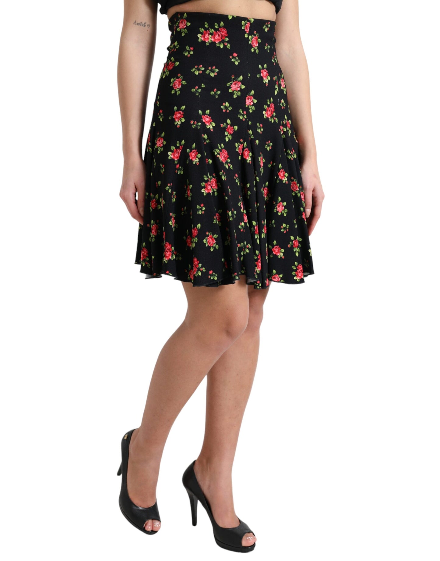 Dolce & Gabbana Black Rose Print High Waist A-line Mini Skirt