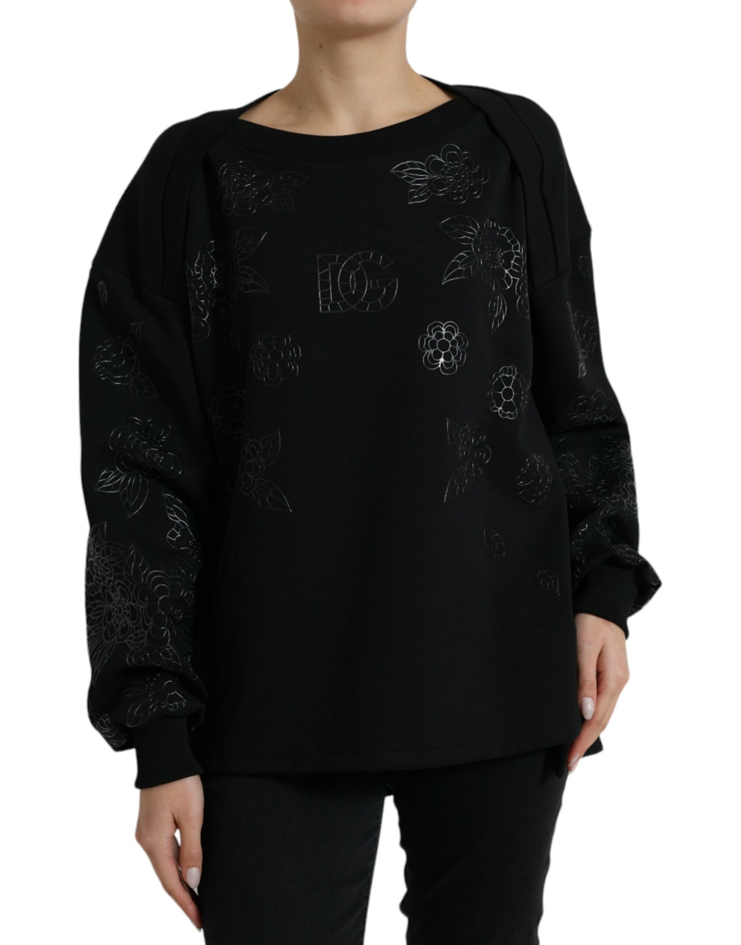 Dolce & Gabbana Black Pullover Floral Logo Applique Sweater