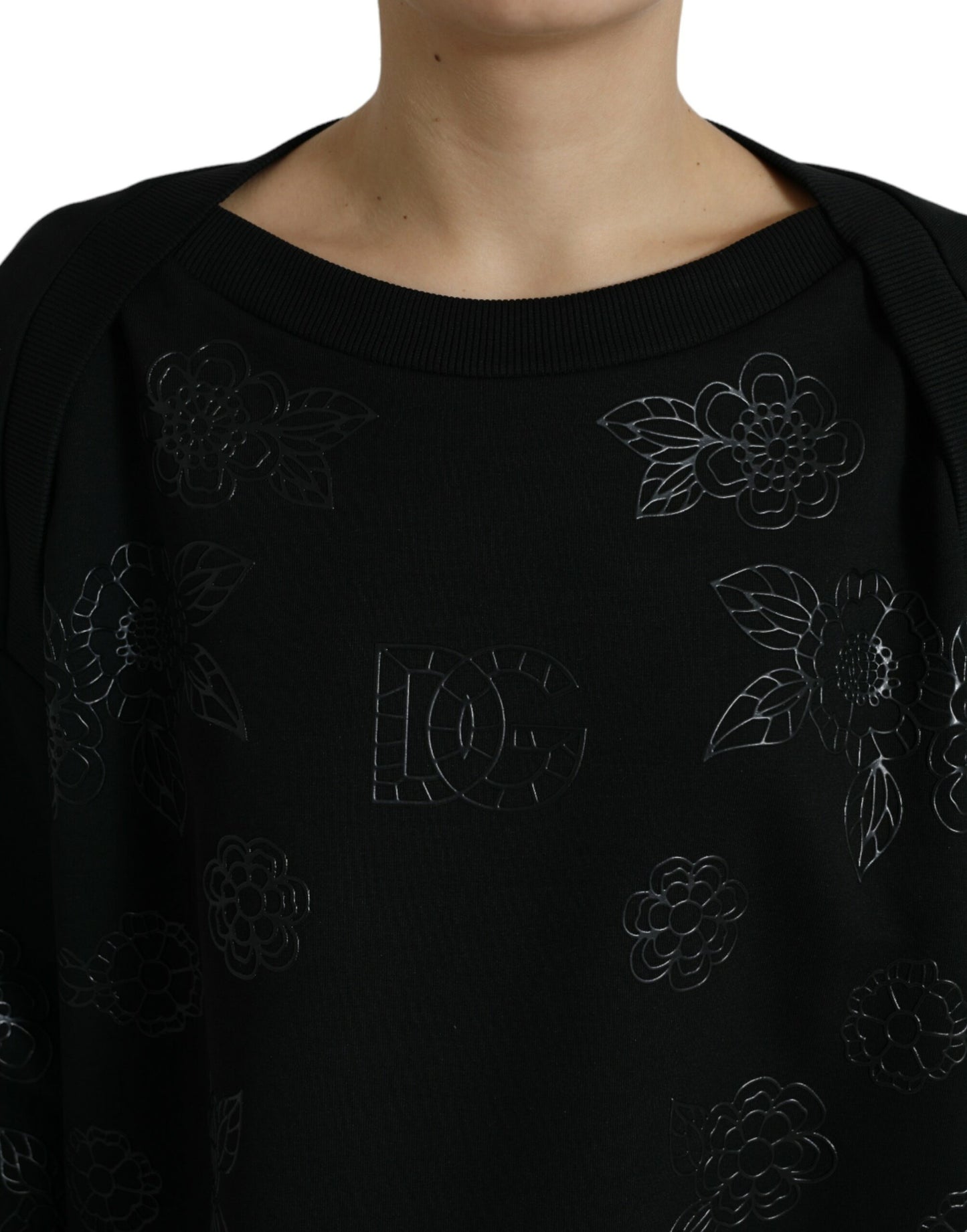 Dolce & Gabbana Black Pullover Floral Logo Applique Sweater