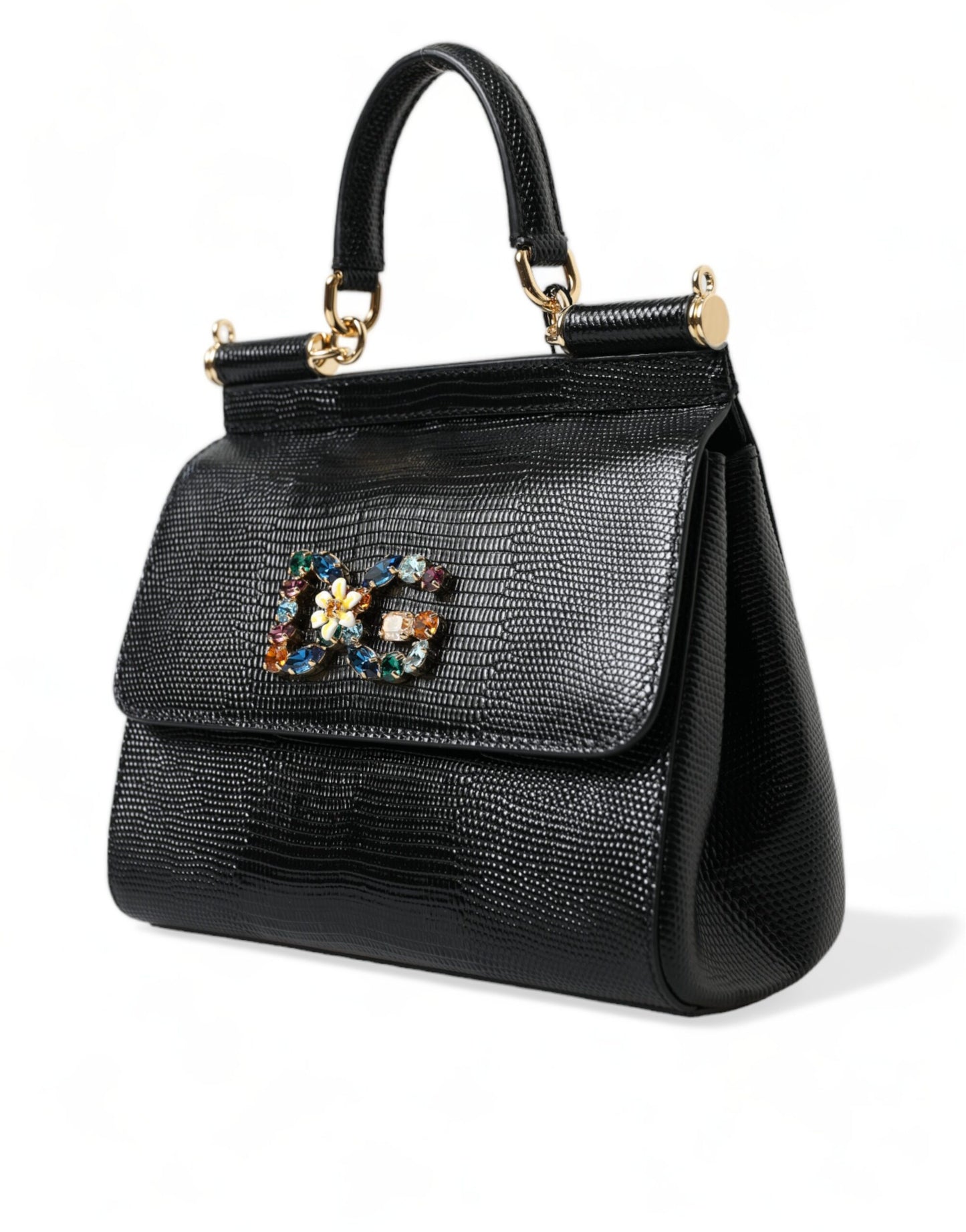 Dolce & Gabbana Black SICILY Leather Crystal Top Handle Shoulder Bag