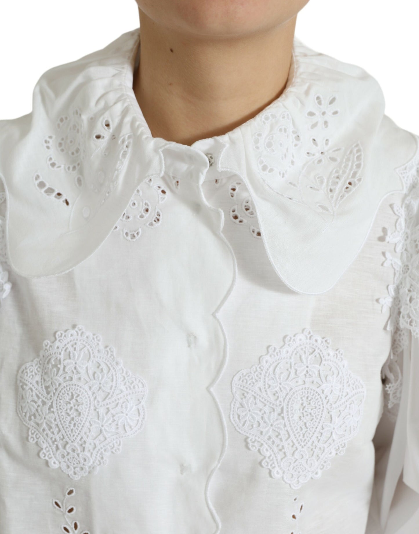 Dolce & Gabbana White Cotton Lace Trim Collared Blouse Top