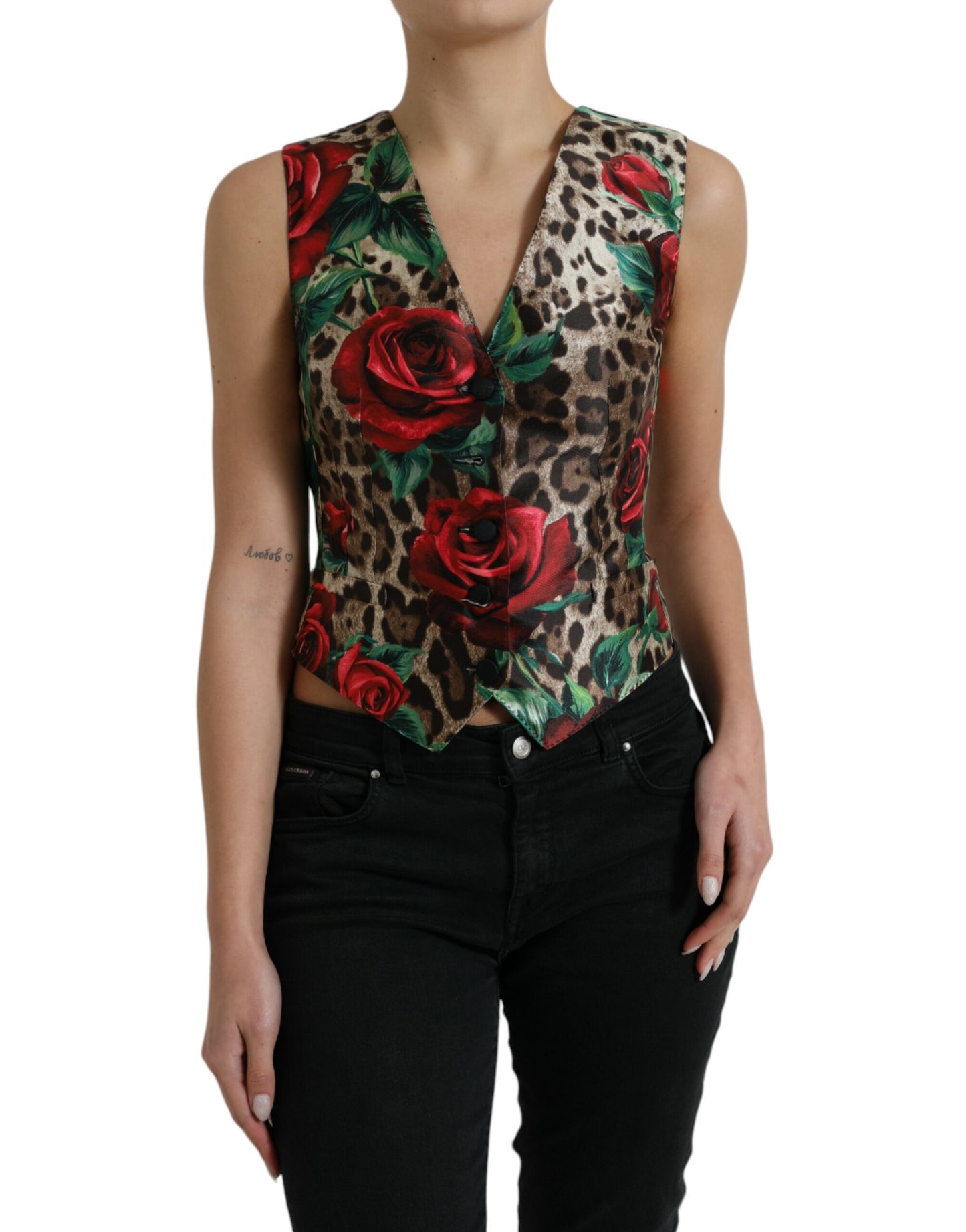 Dolce & Gabbana Brown Leopard Rose Silk Waistcoat Vest Top