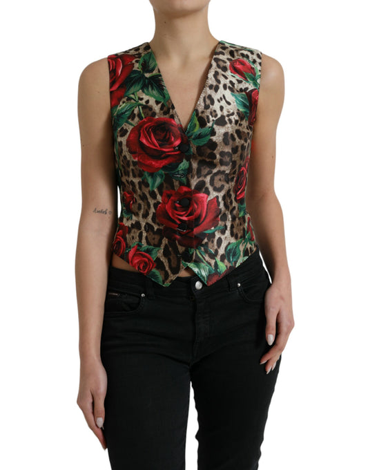 Dolce & Gabbana Brown Leopard Rose Silk Waistcoat Vest Top