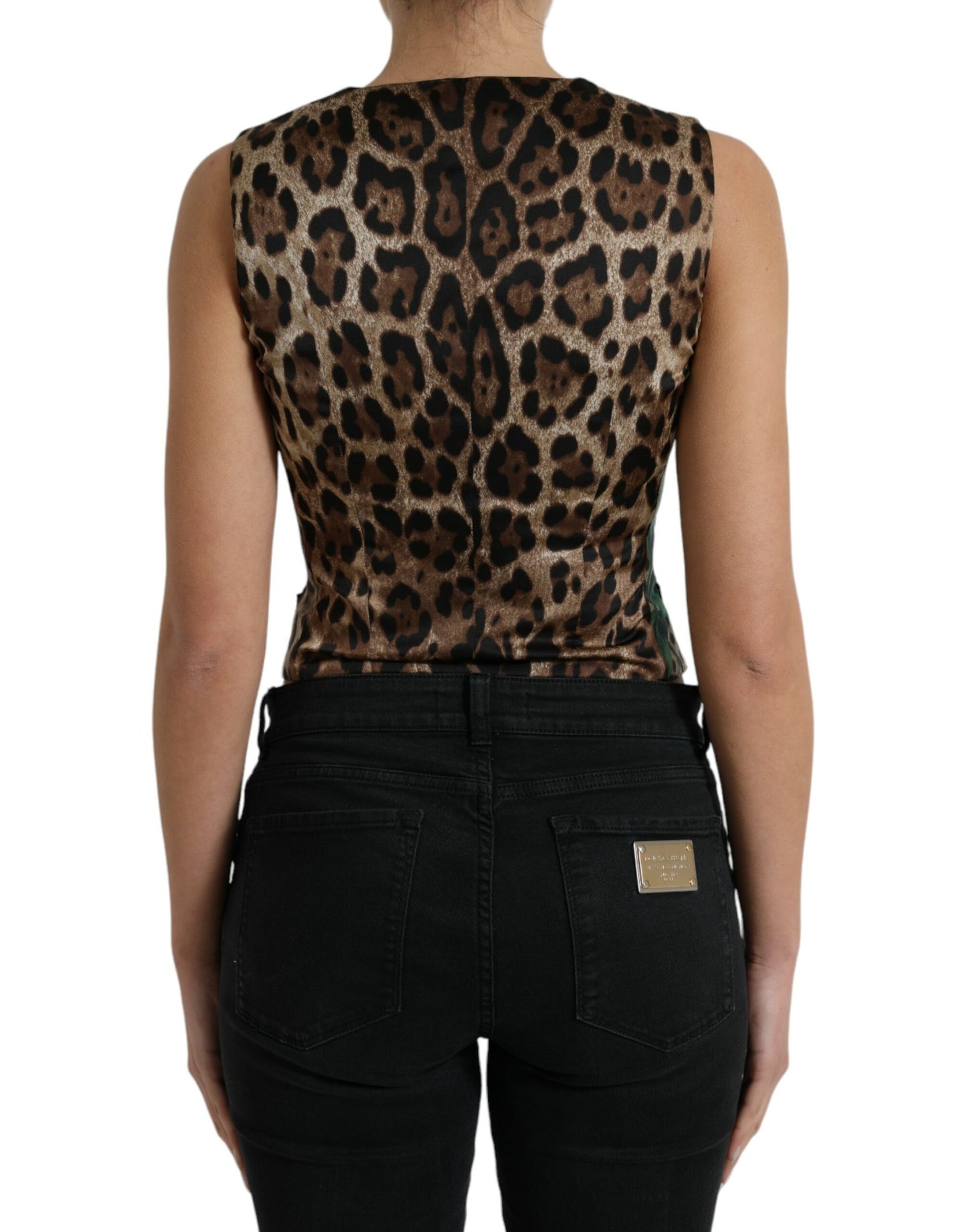 Dolce & Gabbana Brown Leopard Rose Silk Waistcoat Vest Top