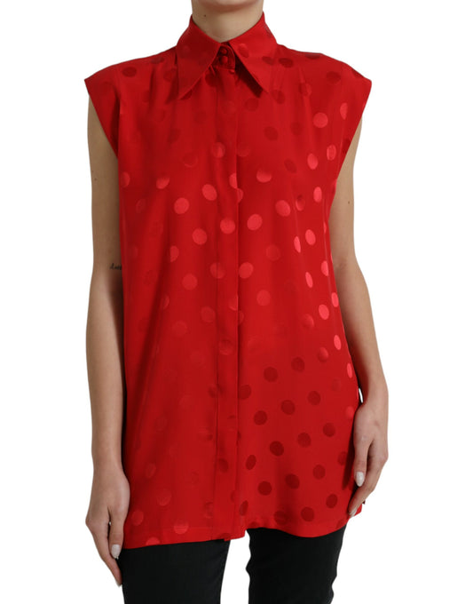 Dolce & Gabbana Red Polka Dot Sleeveless Collared Blouse Top