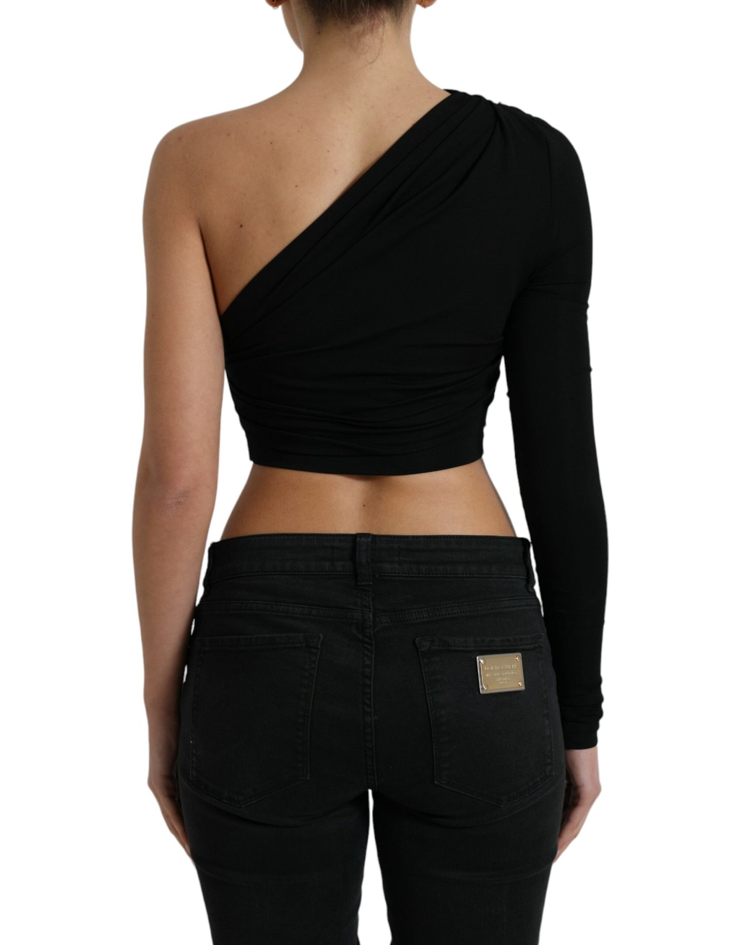 Dolce & Gabbana Black Viscose One Shoulder Cropped Blouse Top