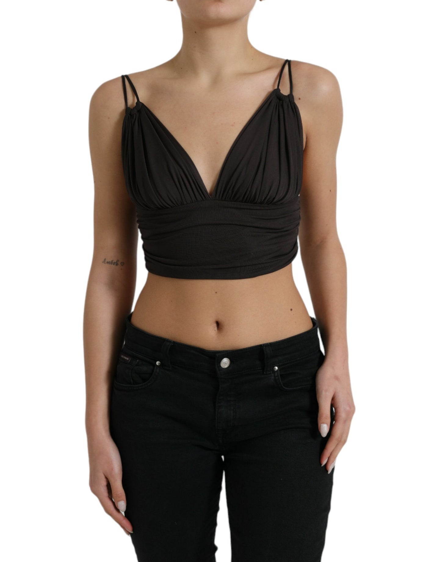 Dolce & Gabbana Brown Viscose Plunging V-neck Cropped Tank Top