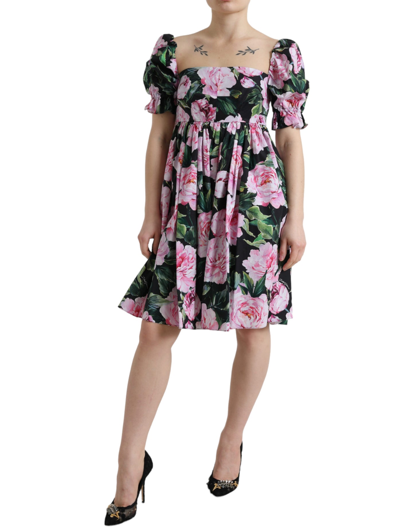 Dolce & Gabbana Black A-Line Dress with Pink Floral Prints