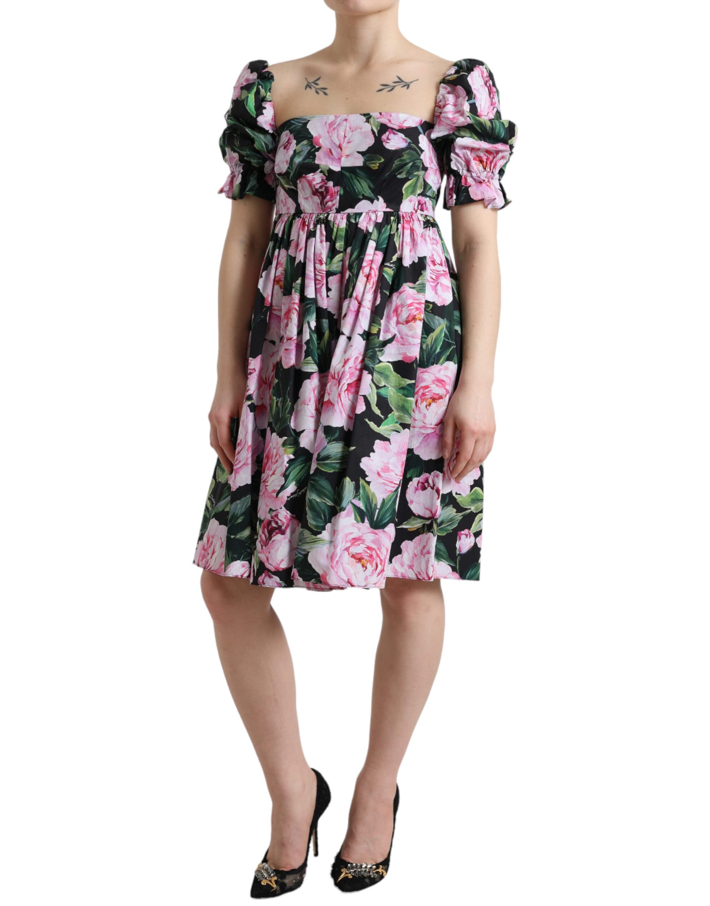 Dolce & Gabbana Black A-Line Dress with Pink Floral Prints