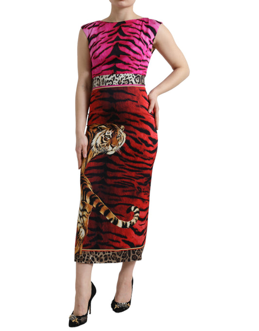 Dolce & Gabbana Multicolor Tiger Leopard Sheath Midi  Dress