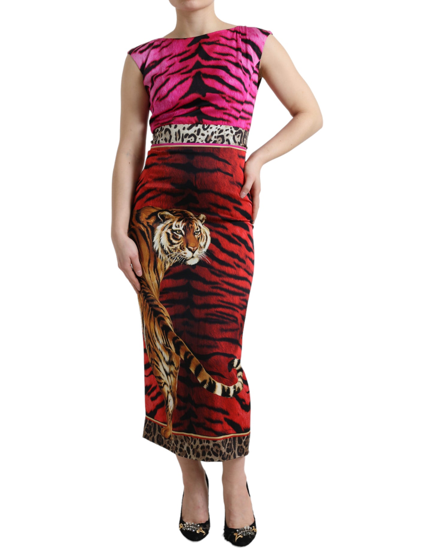 Dolce & Gabbana Multicolor Tiger Leopard Sheath Midi  Dress