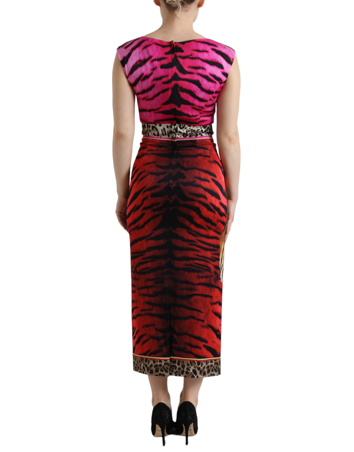 Dolce & Gabbana Multicolor Tiger Leopard Sheath Midi  Dress