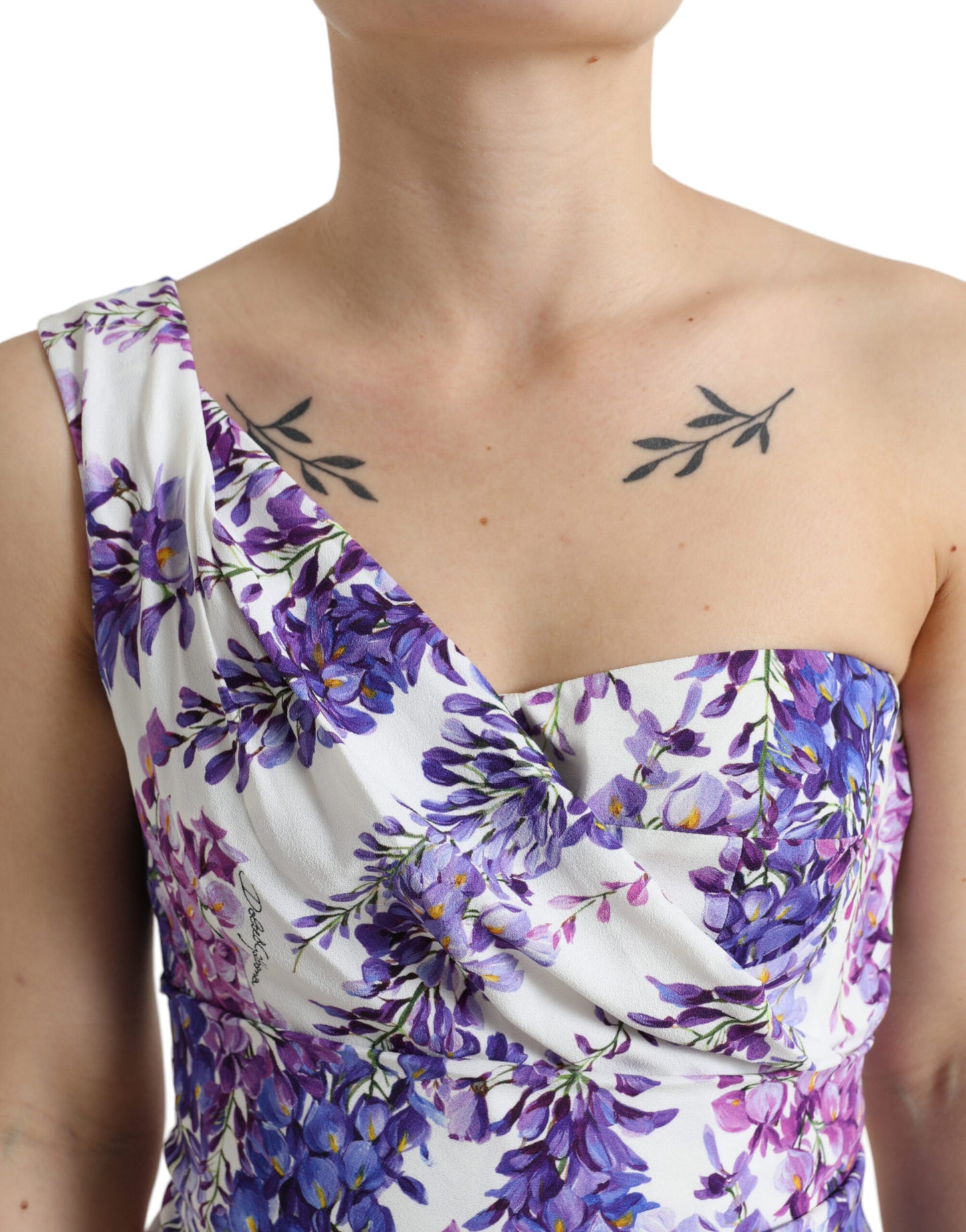 Dolce & Gabbana Elegant Wisteria Print One Shoulder Midi Dress