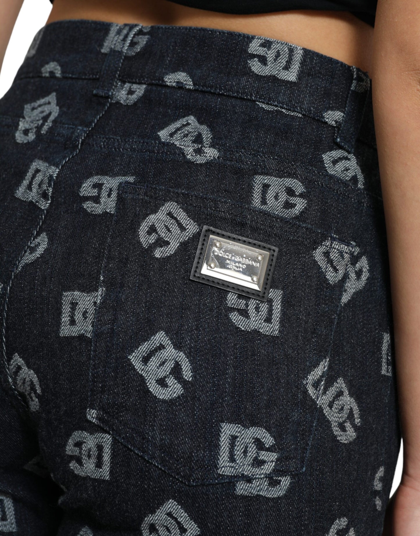 Dolce & Gabbana Blue Cotton DG Logo High Waist Straight Jeans