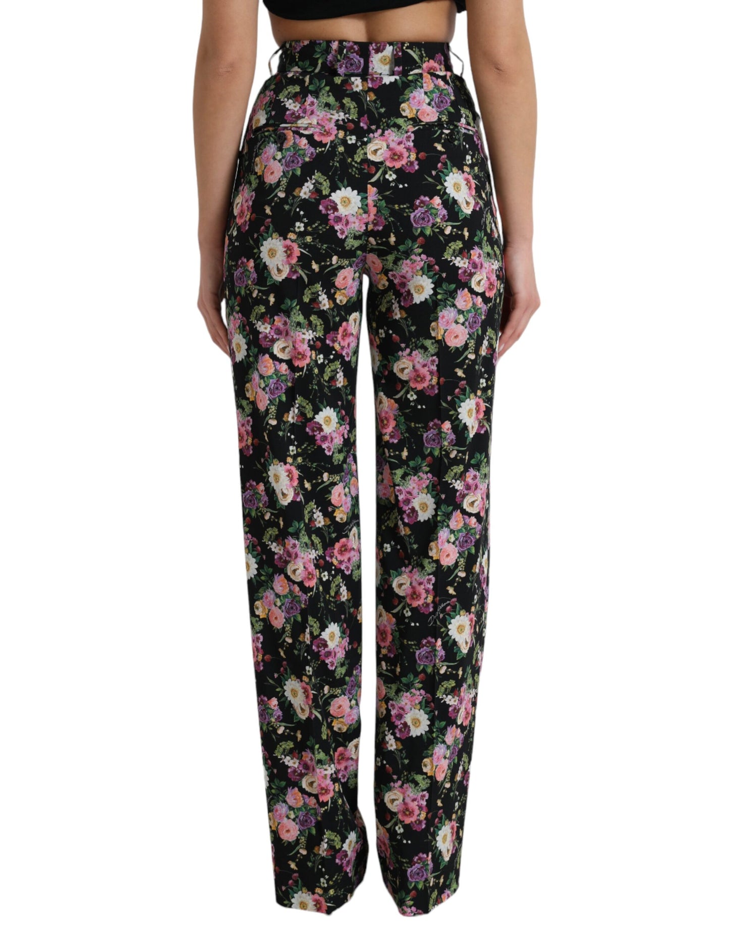 Dolce & Gabbana Black Floral Wool High Waist Wide Leg Pants