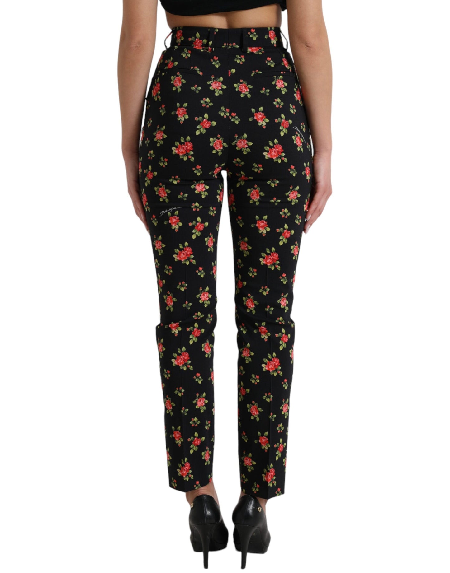 Dolce & Gabbana Black Floral Wool High Waist Tapered Pants