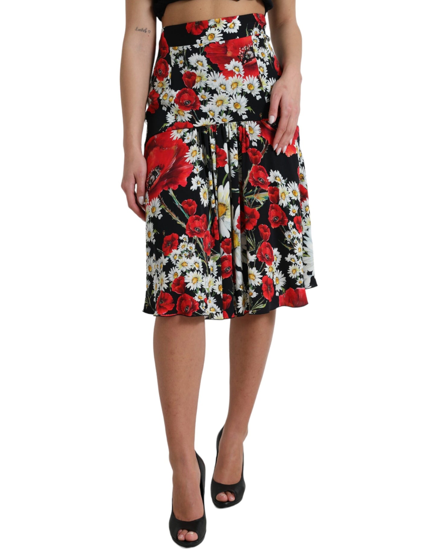 Dolce & Gabbana Black Floral Print High Waist Aline Midi Skirt