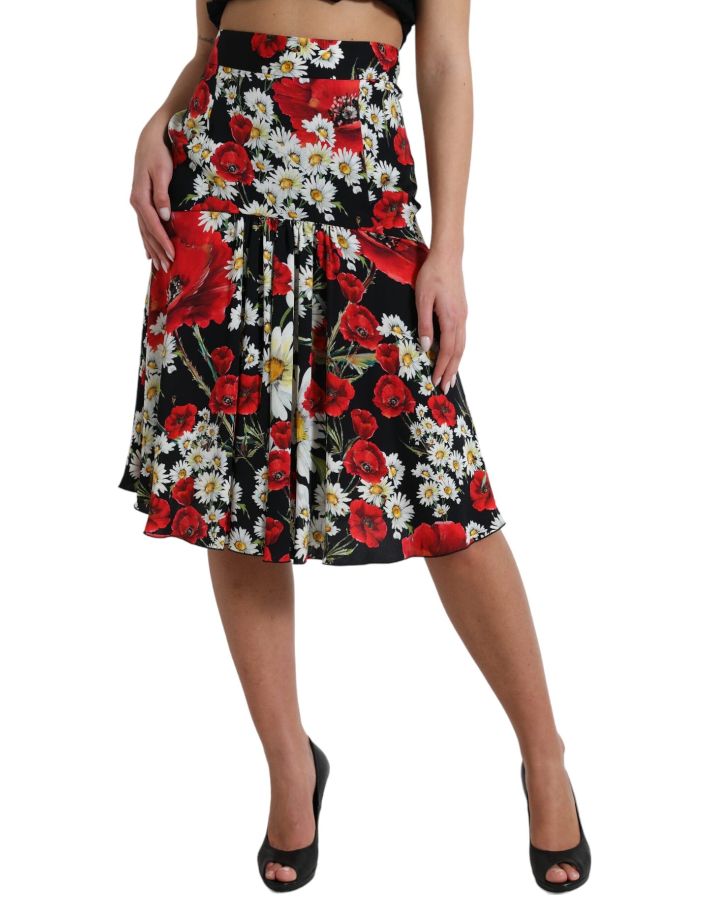 Dolce & Gabbana Black Floral Print High Waist Aline Midi Skirt