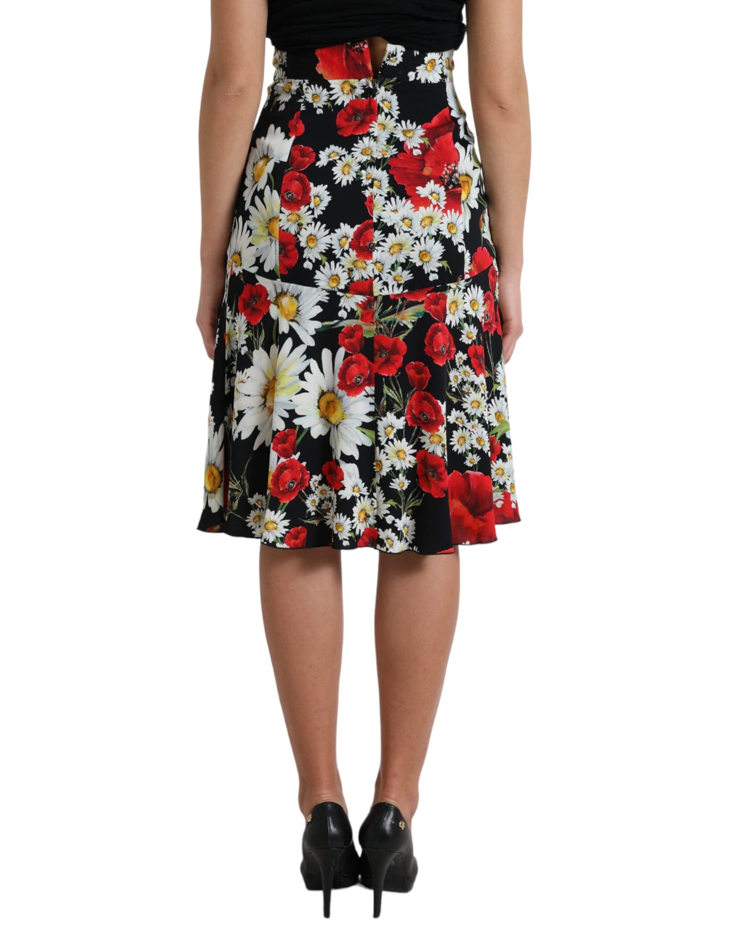 Dolce & Gabbana Black Floral Print High Waist Aline Midi Skirt