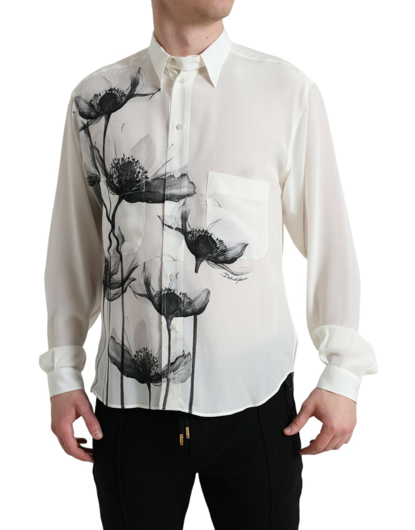 Dolce & Gabbana White Floral Collared Dress Silk Shirt