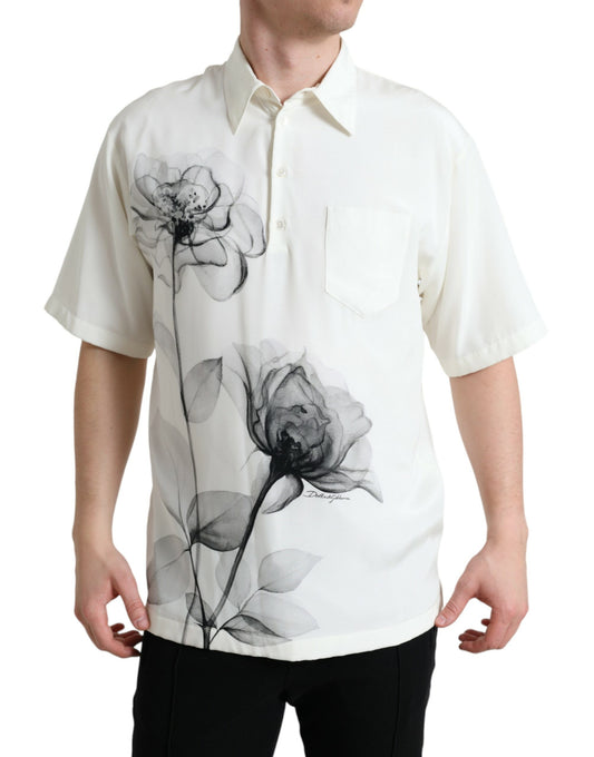 Dolce & Gabbana Off White Floral Print Collared Polo T-shirt