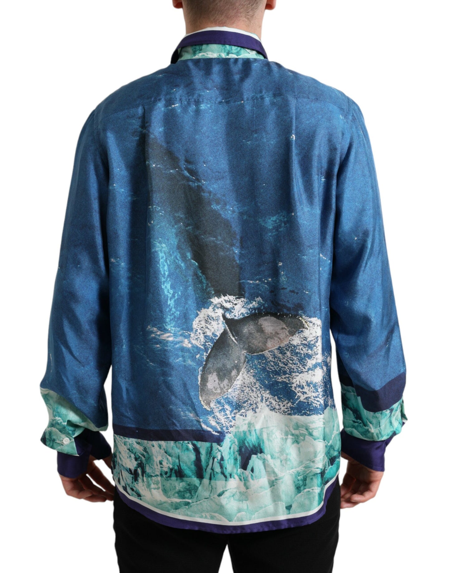 Dolce & Gabbana Blue Ocean Print Silk Collared Button Down Shirt