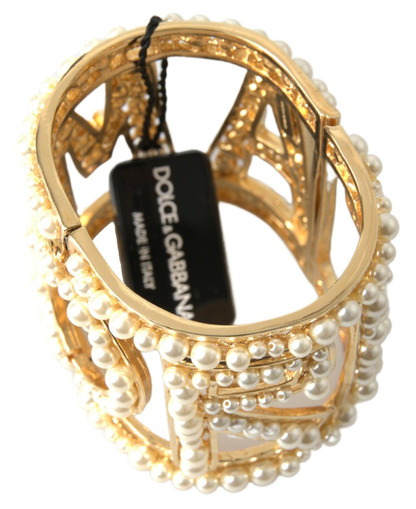 Dolce & Gabbana Elegant Gold Cuff with AMORE & Faux Pearls