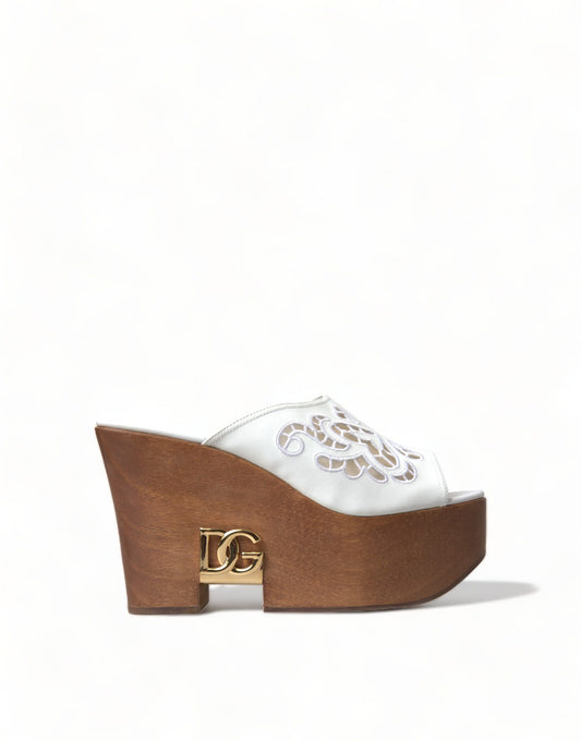 Dolce & Gabbana Chic White Leather Wedge Sandals