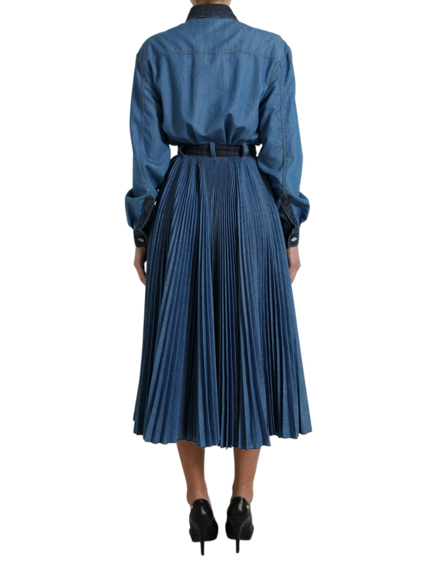 Dolce & Gabbana Blue Collared Denim Pleated A-line Midi Dress