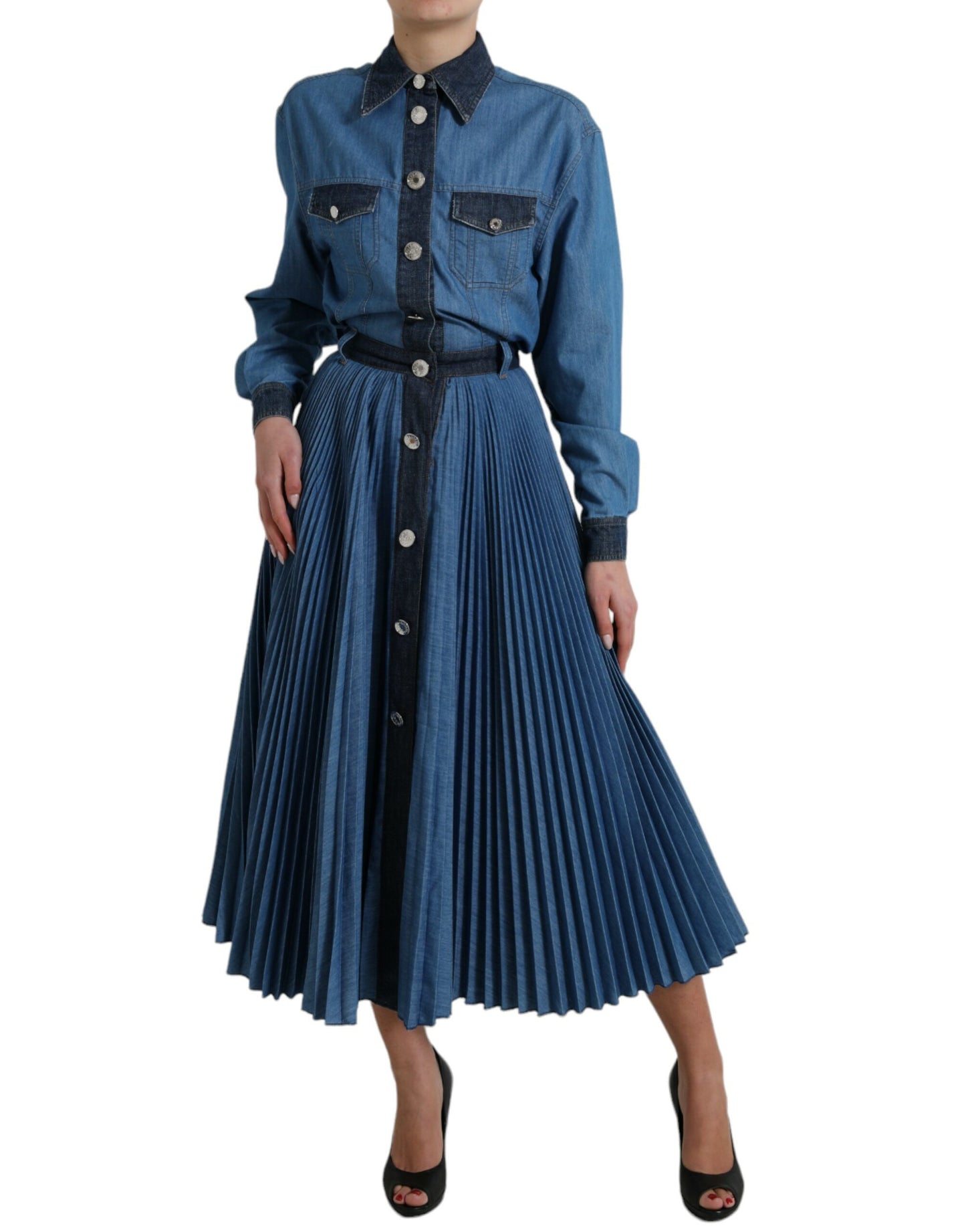 Dolce & Gabbana Blue Collared Denim Pleated A-line Midi Dress