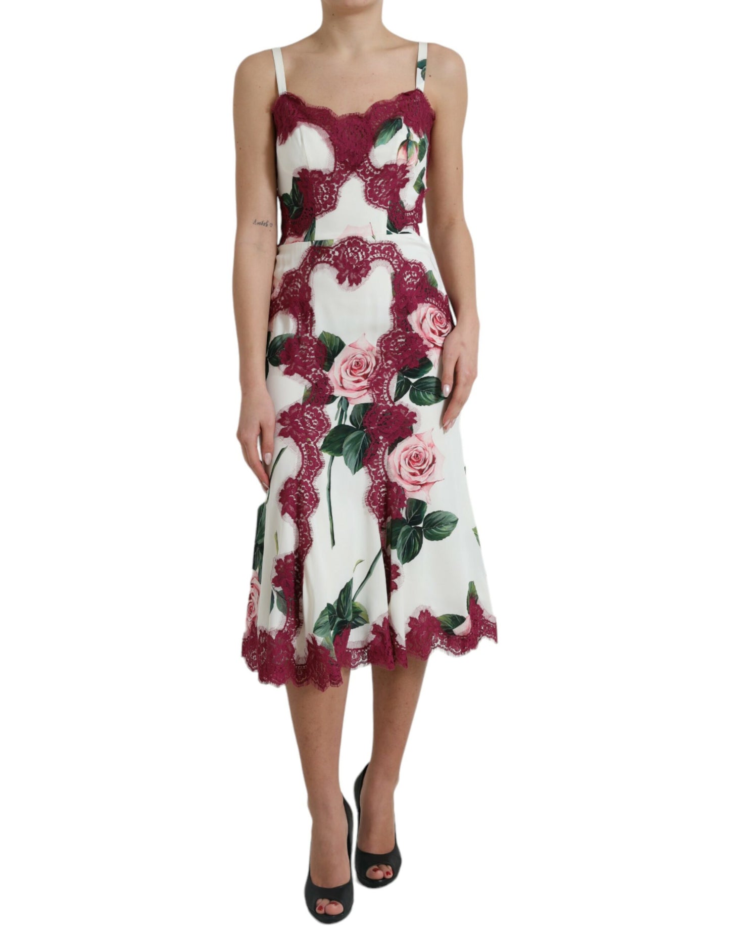 Dolce & Gabbana White Rose Print Lace Silk A-line Midi Dress