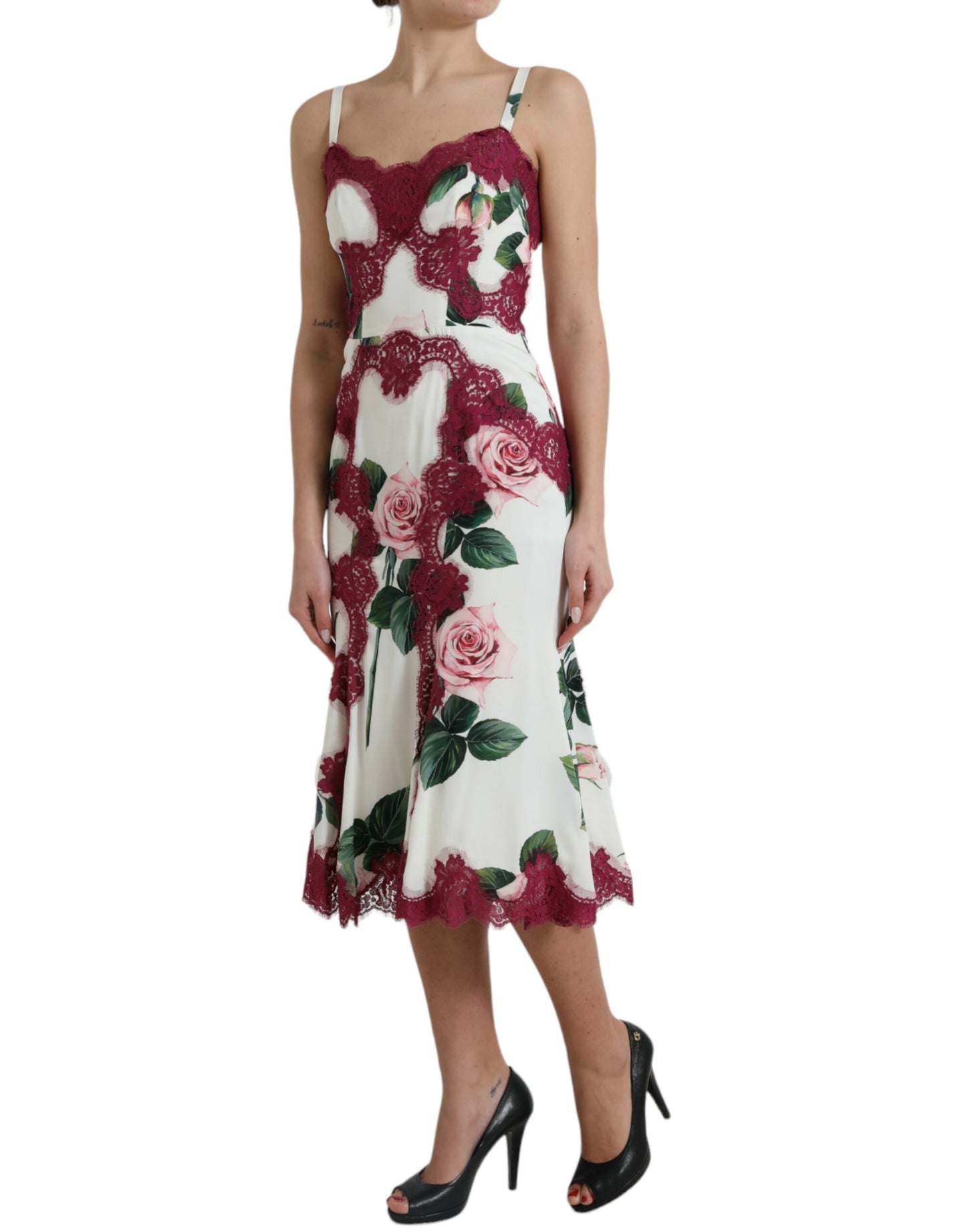 Dolce & Gabbana White Rose Print Lace Silk A-line Midi Dress