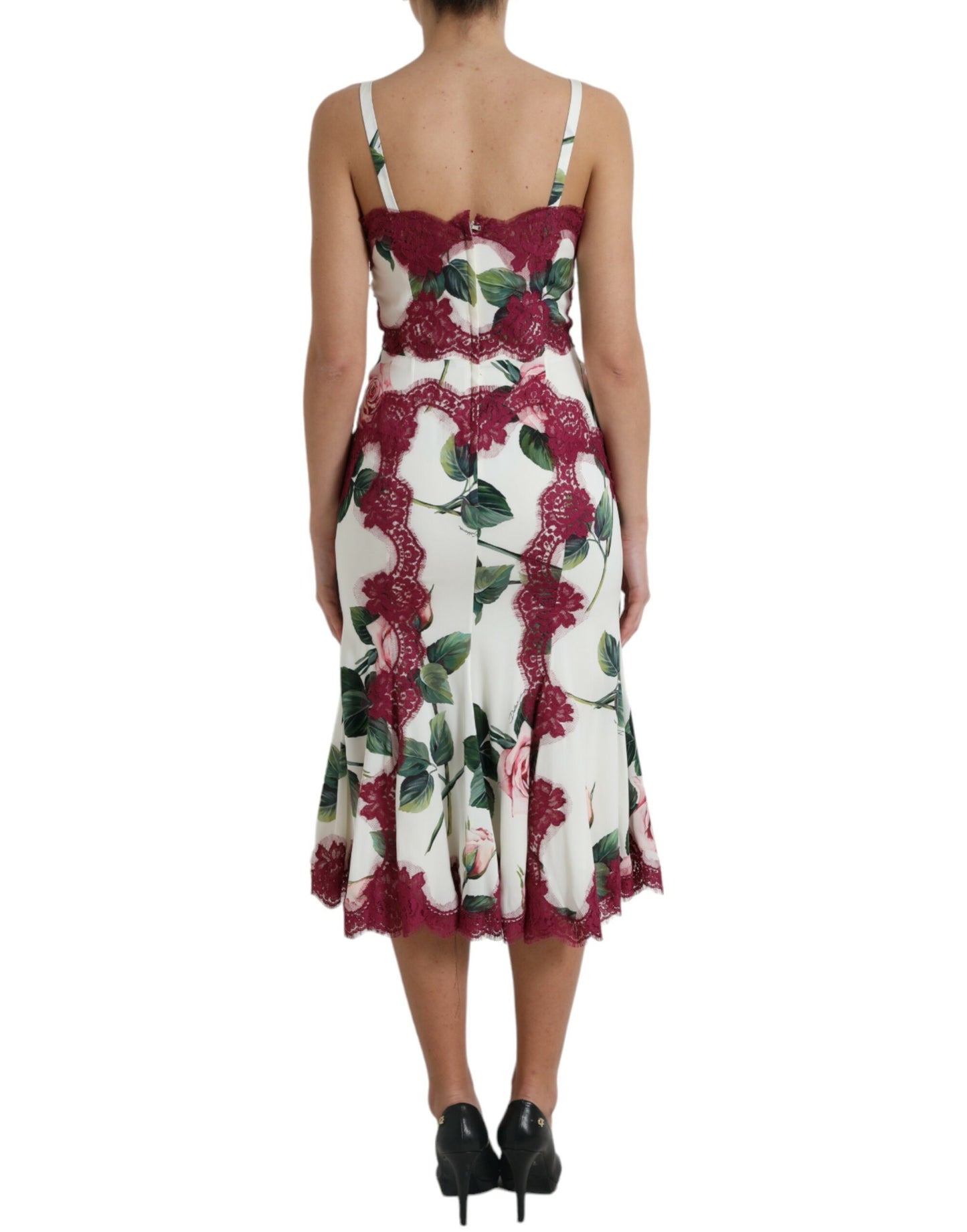 Dolce & Gabbana White Rose Print Lace Silk A-line Midi Dress