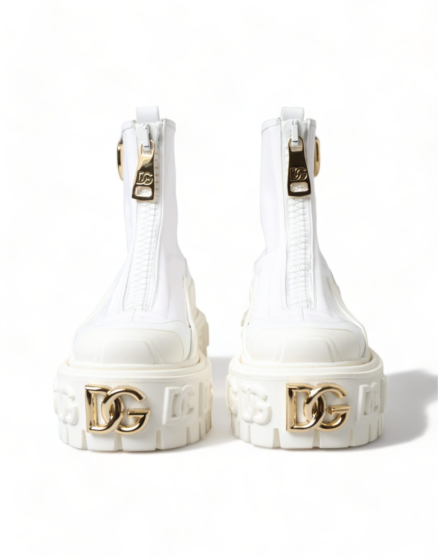 Dolce & Gabbana White Leather Logo Plaque Zip Ankle Boots Shoes