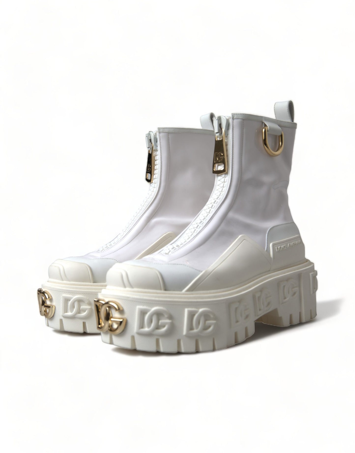 Dolce & Gabbana White Leather Logo Plaque Zip Ankle Boots Shoes