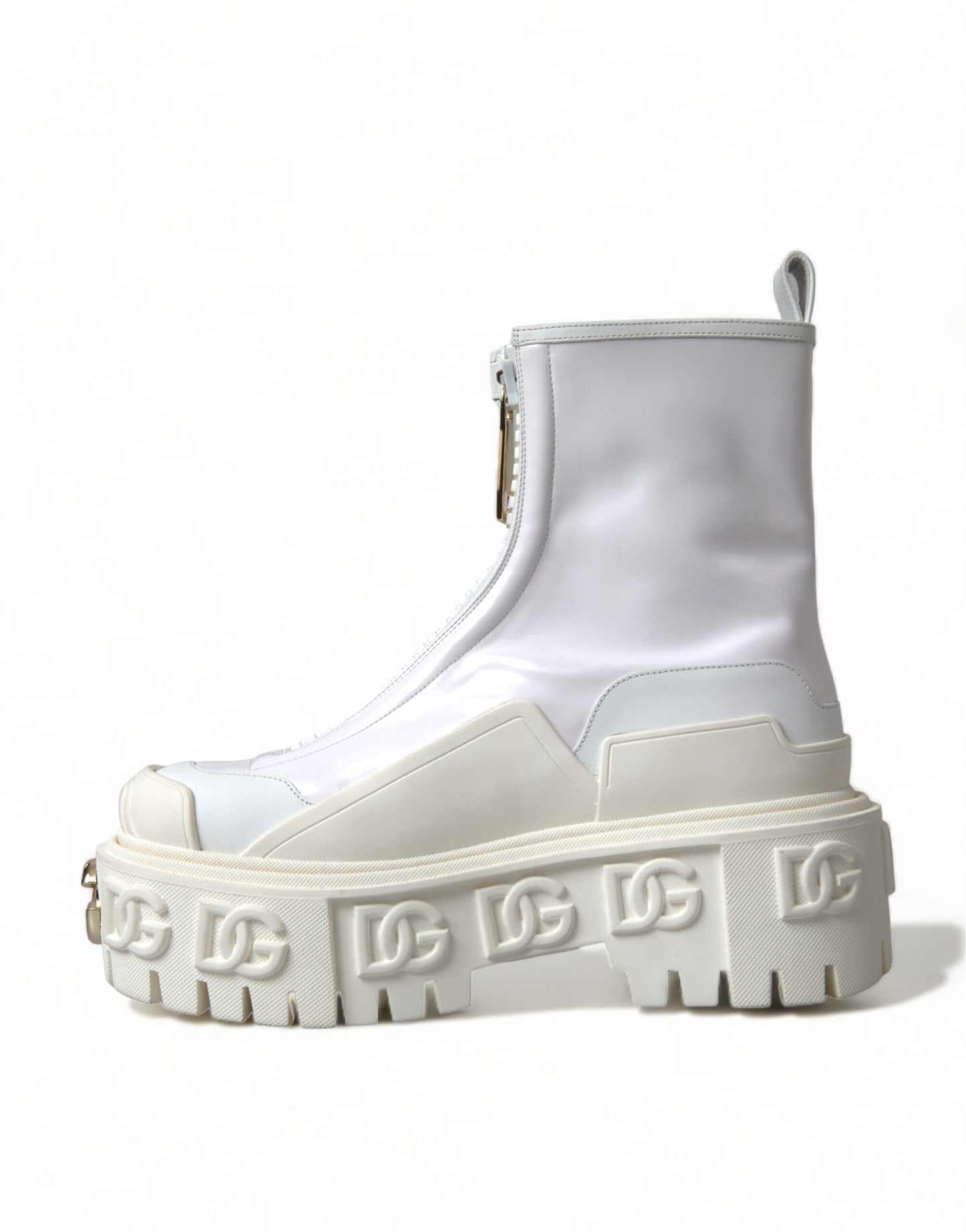 Dolce & Gabbana White Leather Logo Plaque Zip Ankle Boots Shoes