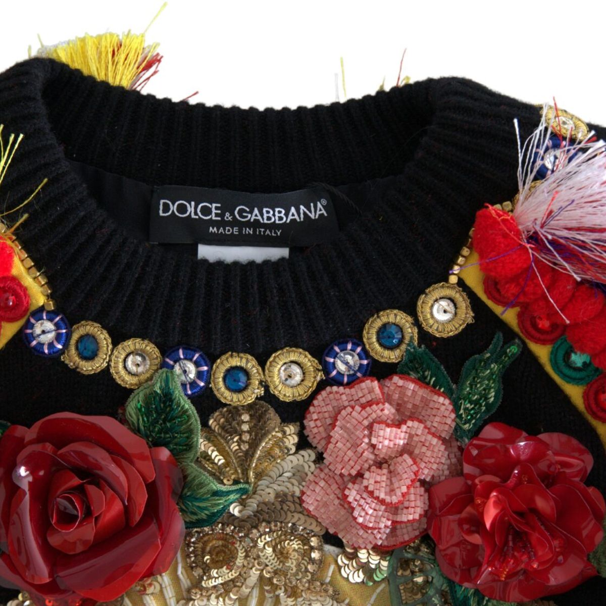 Dolce & Gabbana Multicolor Embellished Crew Neck Pullover Sweater