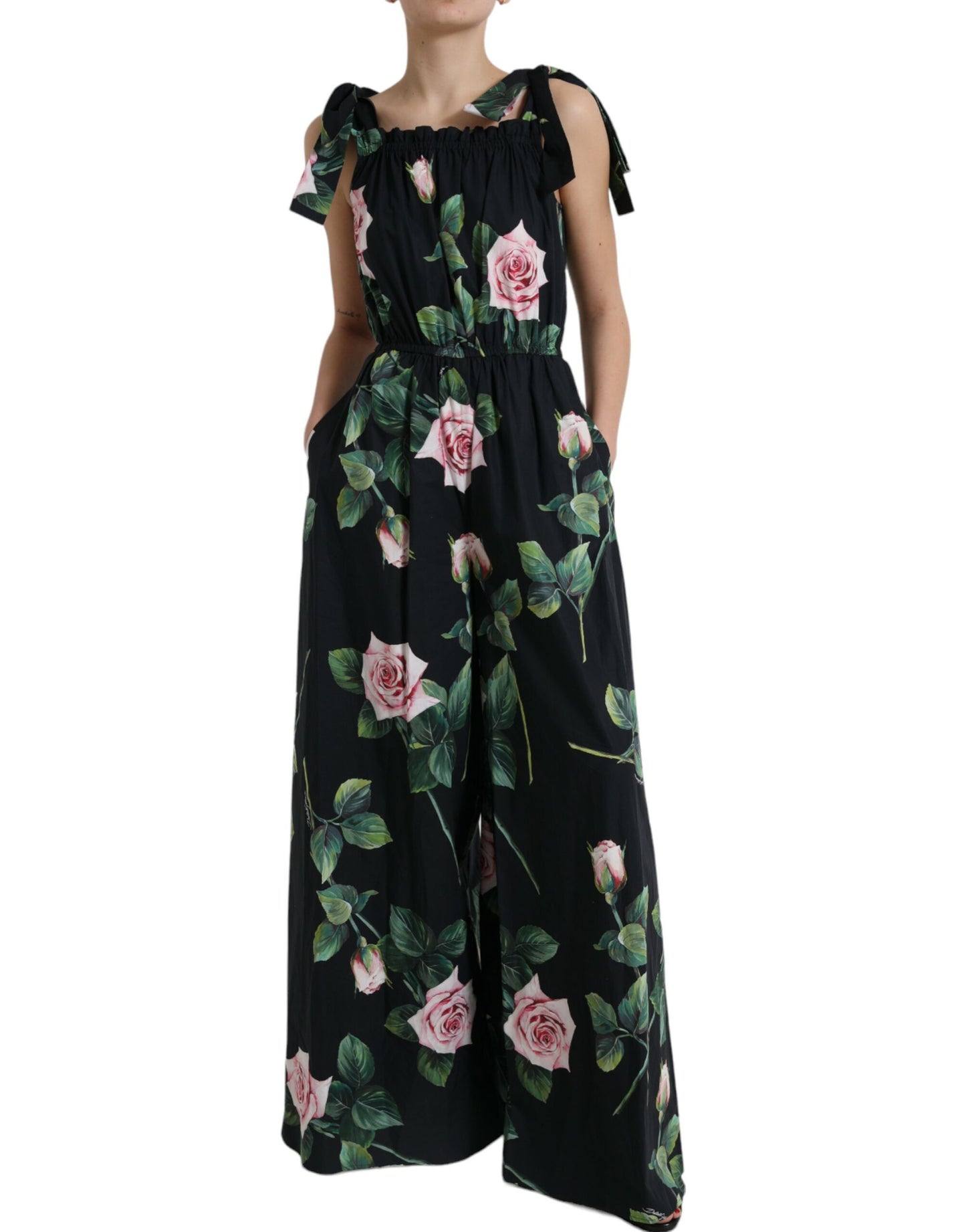 Dolce & Gabbana Black Rose Cotton Poplin Wide Leg Jumpsuit Dress