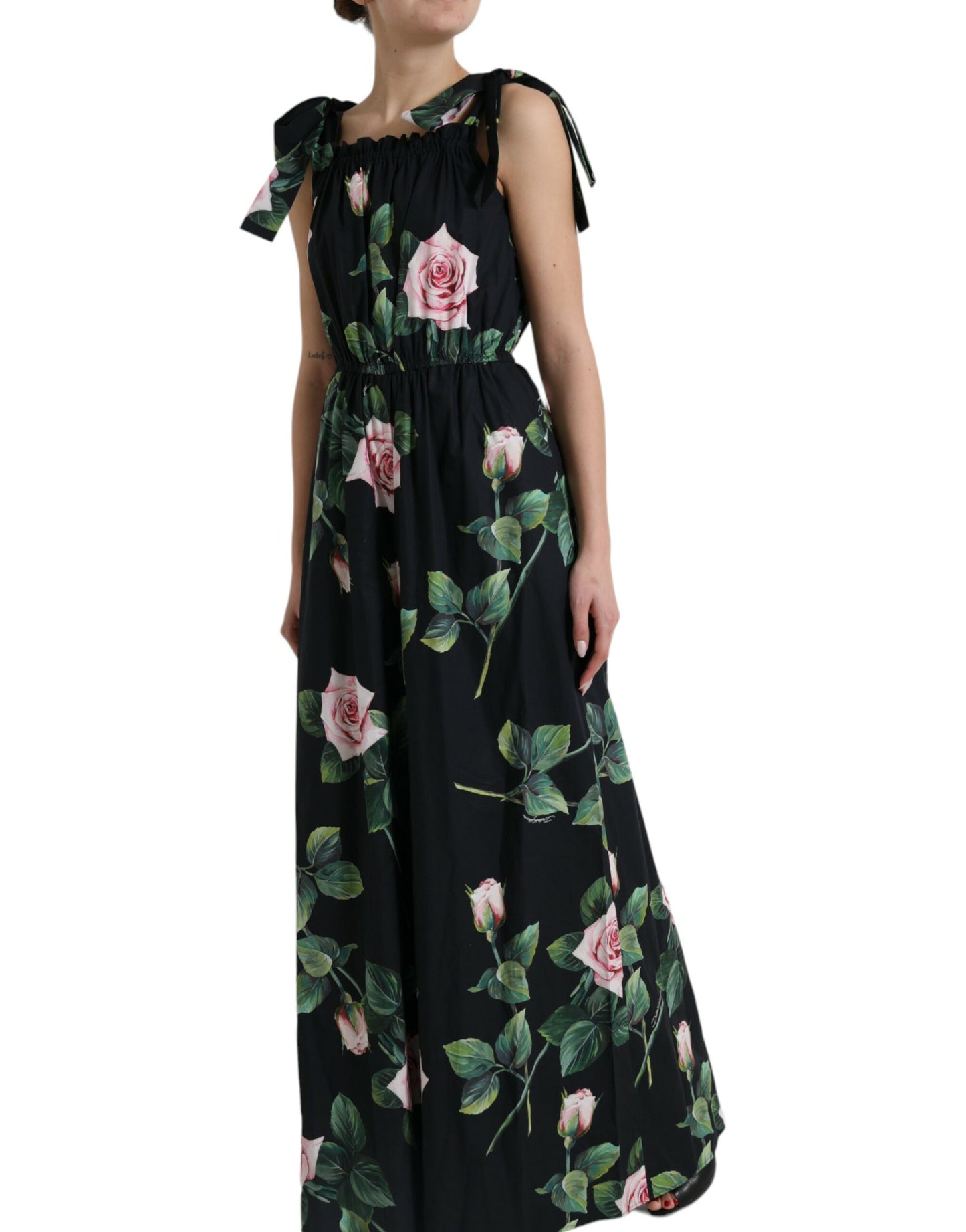 Dolce & Gabbana Black Rose Cotton Poplin Wide Leg Jumpsuit Dress