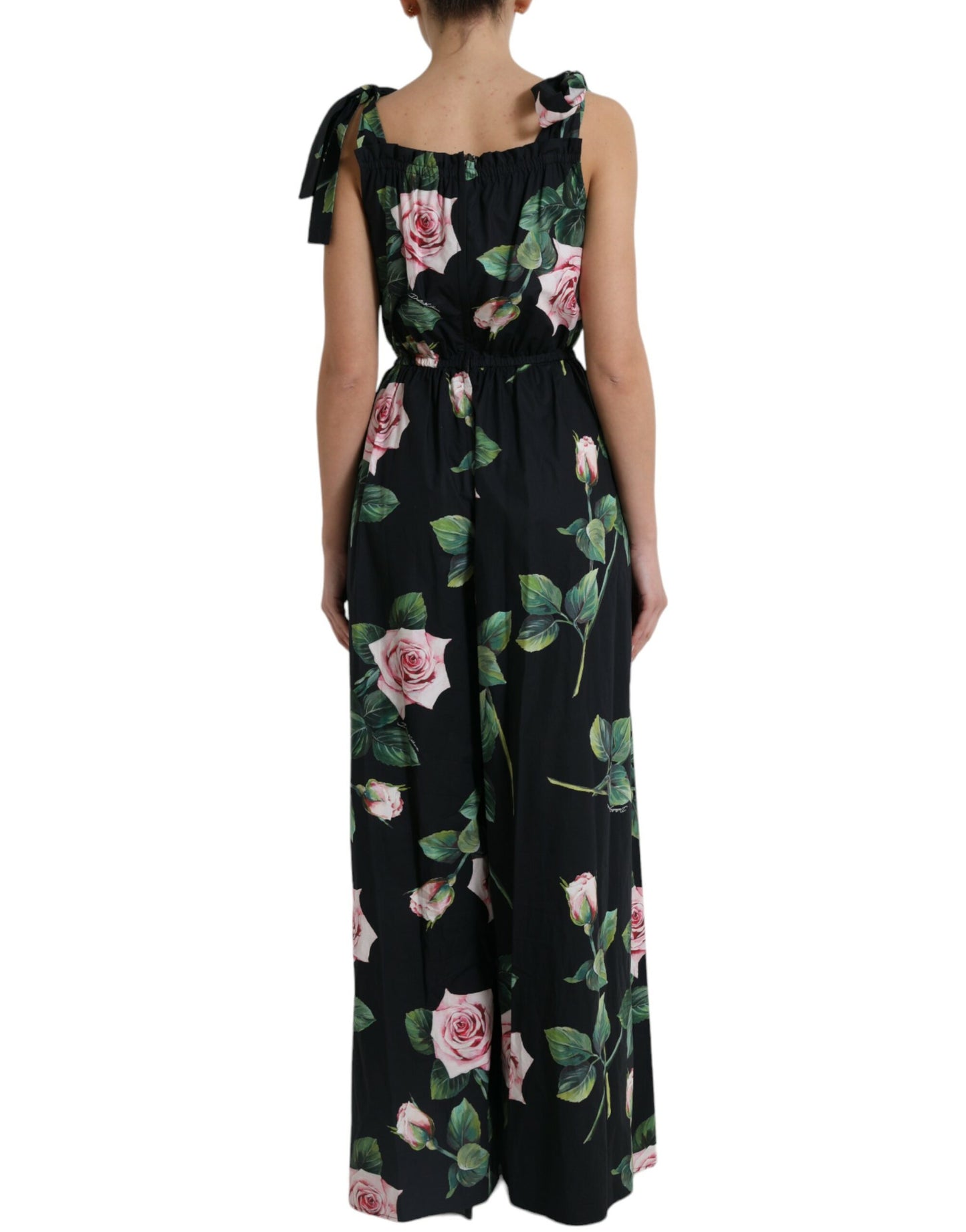 Dolce & Gabbana Black Rose Cotton Poplin Wide Leg Jumpsuit Dress