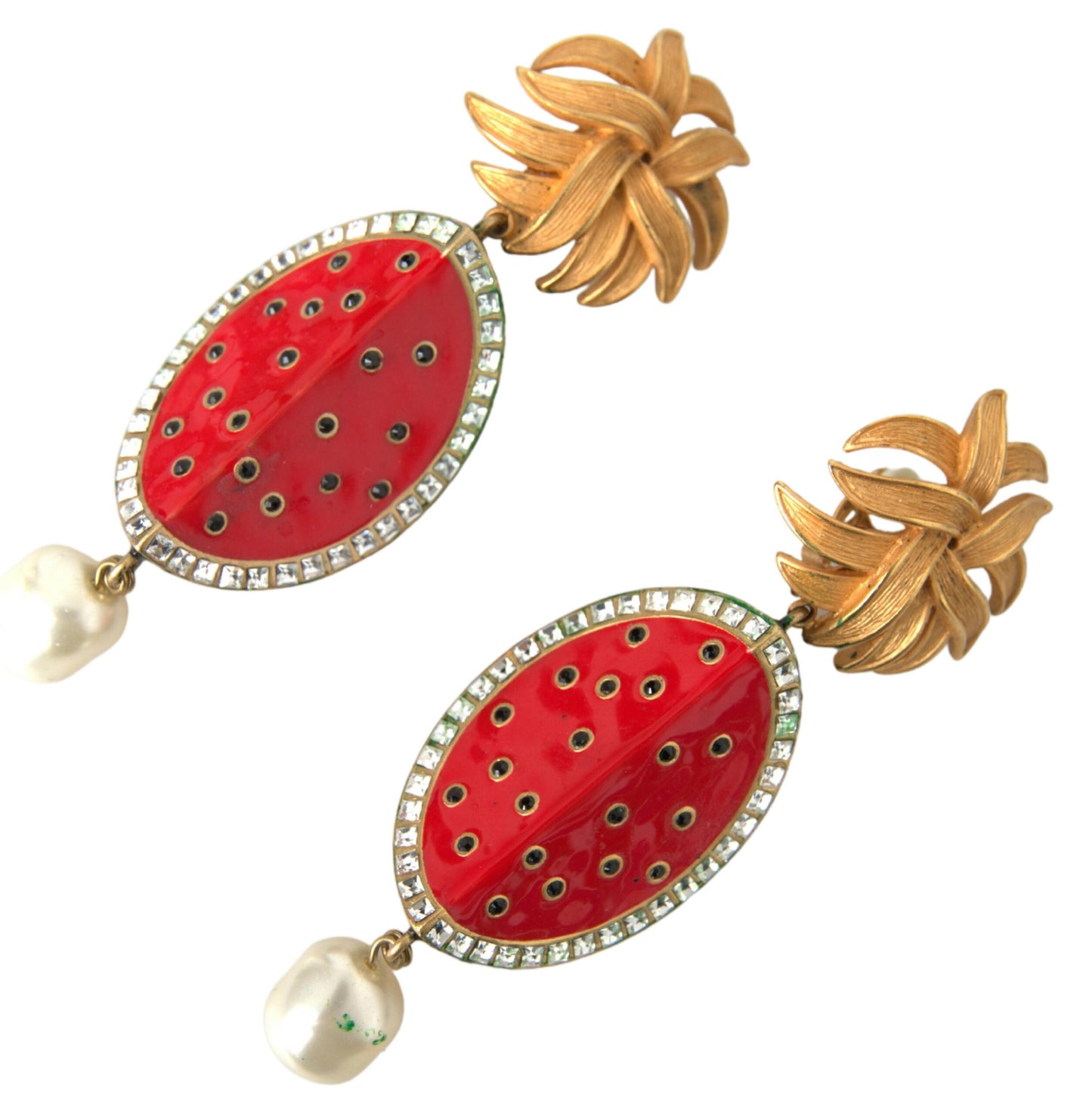 Dolce & Gabbana Red Watermelon Gold Brass Crystal Clip Dangling Earrings