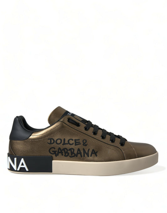 Dolce & Gabbana Bronze Leather Portofino Logo Men Sneakers Shoes