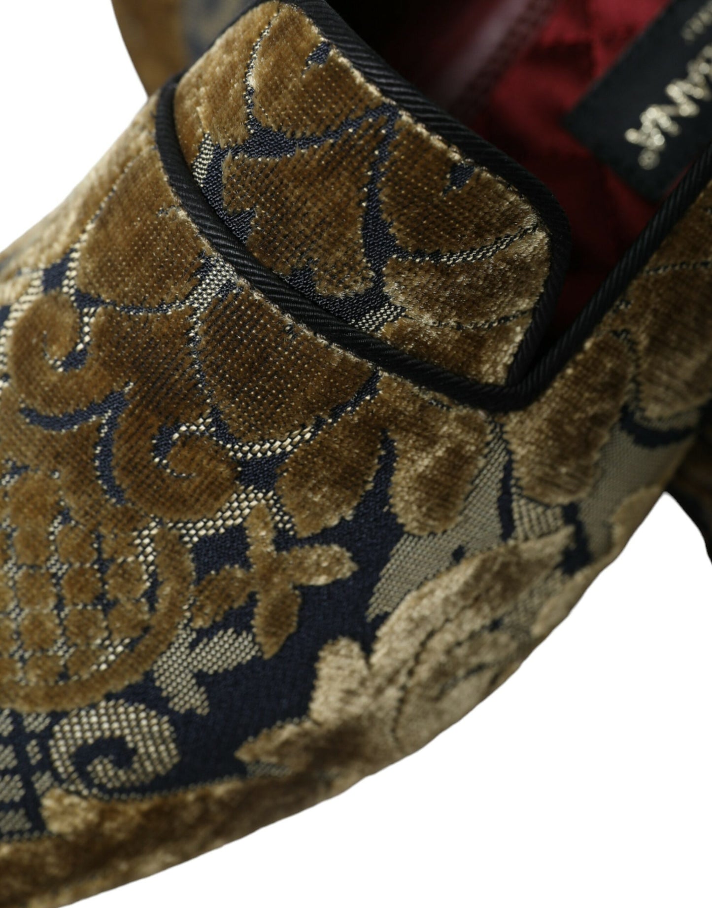 Dolce & Gabbana Gold Velvet Brocade Smoking Slipper Dress Shoes