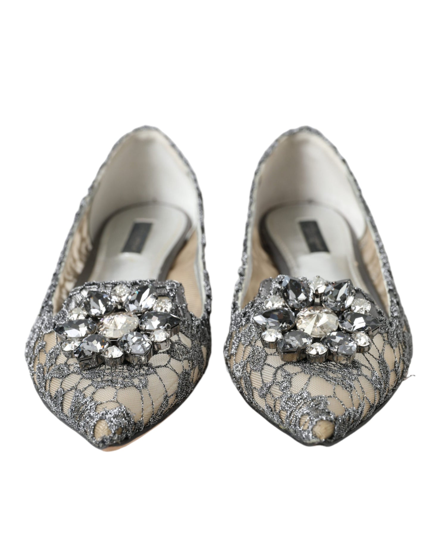 Dolce & Gabbana Silver Vally Taormina Lace Crystals Flat Shoes