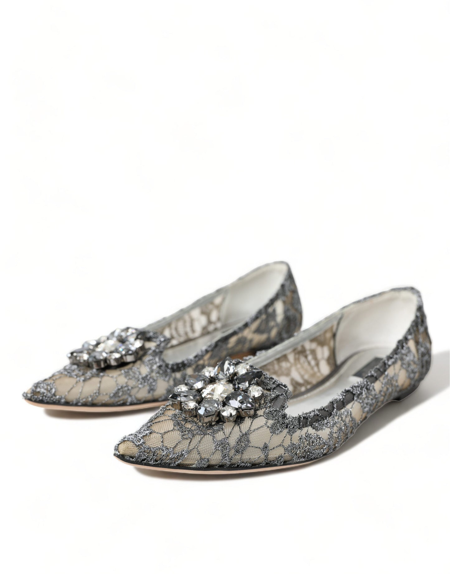 Dolce & Gabbana Silver Vally Taormina Lace Crystals Flat Shoes