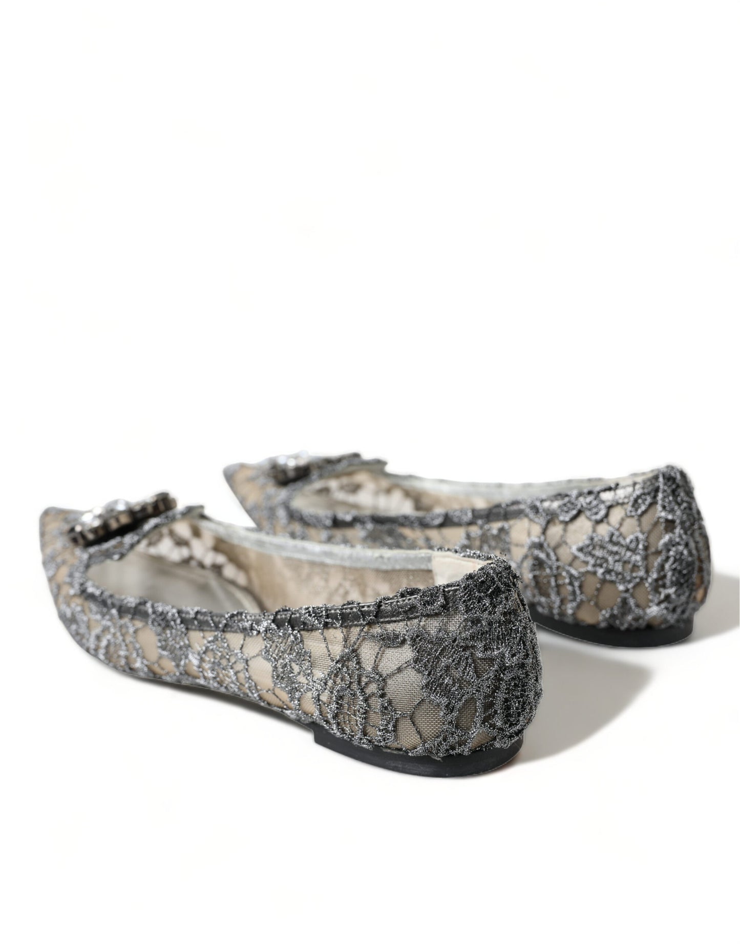 Dolce & Gabbana Silver Vally Taormina Lace Crystals Flat Shoes